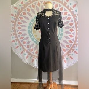 Black Lace High Low Sheer Sexy Dress Buttoned Collar